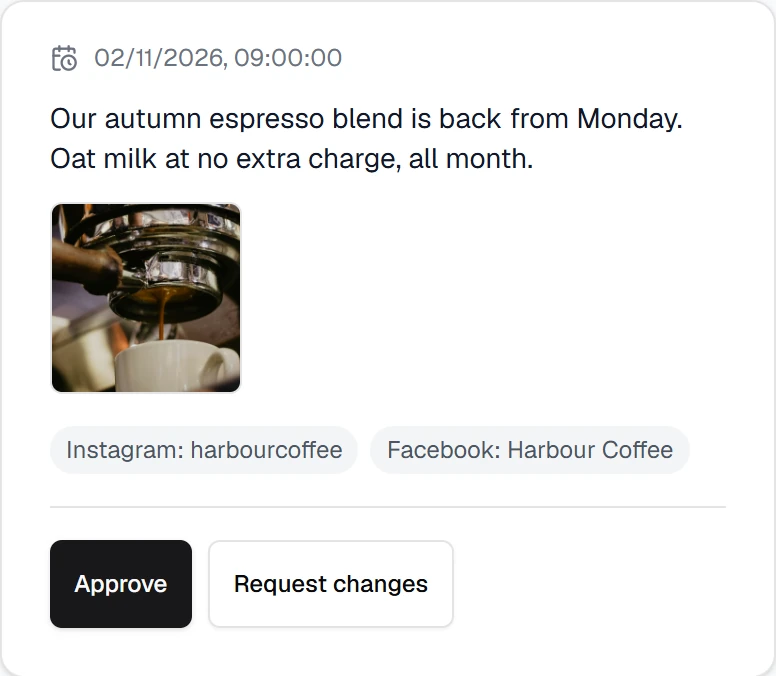 The review page a client opens from the link: an upcoming post with Approve and Request changes